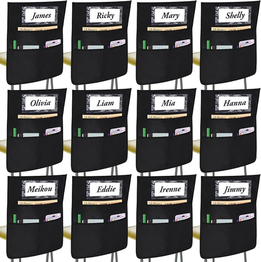 12 Pack Black Chair Pockets for Classrooms, Chair Pocket with 3 Heavy Duty Storage Pocket, Chair Back Buddy Pocket with Name Tag Slot, Ideal Back to School Supplies, Classroom Must Haves (Black)