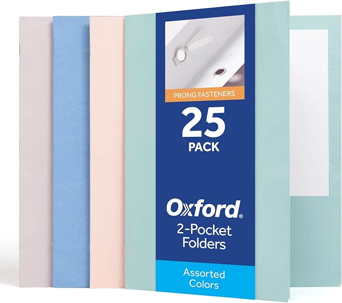 Oxford 2 Pocket Folders with Prongs, 25 Pack, Assorted Calming Colors, Made in the USA, Fits 100 Letter Size (8.5" x 11") Sheets, Durable Paper Folders for School, Office, and Home