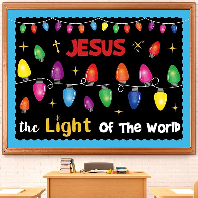 77 Pcs Religious Christmas Bulletin Board Decorations Set with Colorful Light Bulb Paper Cutouts Christian Jesus Bulletin Board for Sunday School Classroom Chalkboard Church Decor