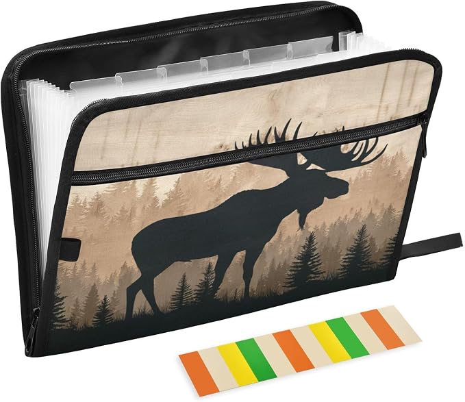 Moose Brown Wood Accordion File Organizer Expanding Document Folder with 13 Pockets Portable File Folder for A4 Letter Size