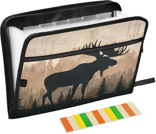Moose Brown Wood Accordion File Organizer Expanding Document Folder with 13 Pockets Portable File Folder for A4 Letter Size
