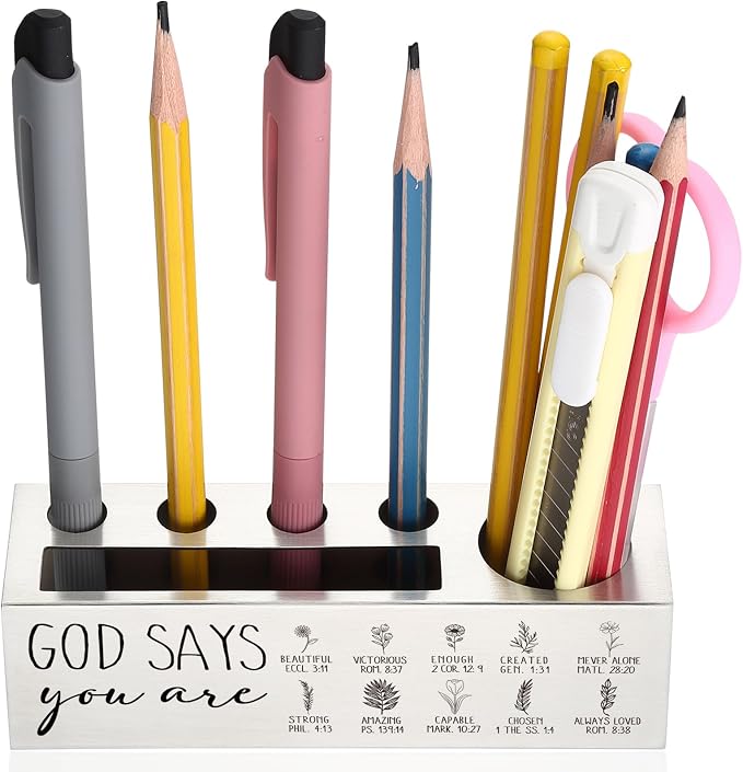 YODOCAMP God Says You Are Pen and Pencil Holder, Inspirational Desk Organizer with Bible Verses, Christian Gifts for Women, Teachers, and Leaders, Religious Appreciation Gift for Office Desk TZC76