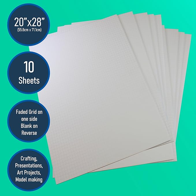Flipside Products 20" x 28" Fade-Line White Poster Foam Board 3/16'' Thick, 1/2" Subtle Grid Lines for Alignment & Visual Layouts, Arts, and Crafts, Pack of 10