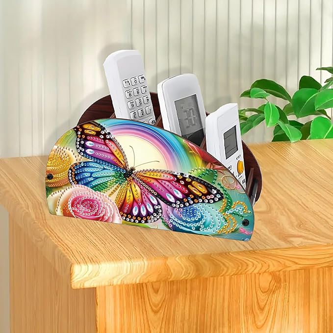 Remote Control Holder with 4 Compartments, DIY Diamond Art Painting Wooden Half Moon TV Control Holder for Remote Controllers, Office Supplies, Makeup Brush, Media Accessories-Butterfly-1