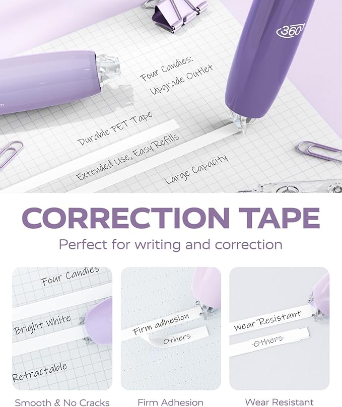 Four Candies Refillable Retractable White Correction Tape, 4PCS Smooth White Pull-Out Tape with 4 Extra Refills, Easy to Use Applicator for Instant Corrections for Office, School Supplies (Purple)