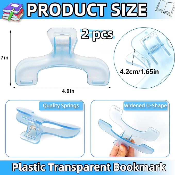 Strong Book Clip 2Pcs Transparent Blue Book Page Holder Clips，Portable Journal Clips to Hold Open，Multifunctional Practical Bookmarks Reading Book Page Holders for Cookbooks, Music Sheets, Documents