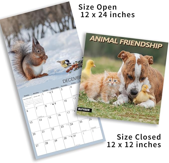 2026 Wall Calendar,Calendar 2026,Animal friendship Monthly Wall Calendar, 12" x 24" Open,Family Planner Calendar, Home & Office Organizer,Hangable