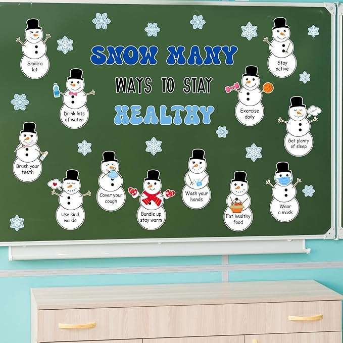 JarThenaAMCS Winter Snowman Cutouts Winter Healthy Habits Bulletin Board Decoration Set Christmas Snowman Snowflake Paper Cut Outs for Holiday School Classroom Chalkboard Wall Door Decor