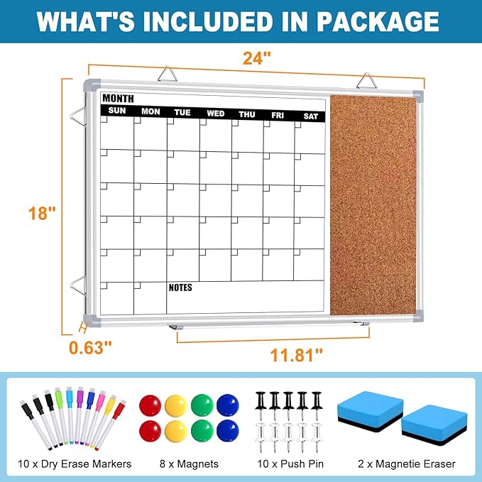 Calendar Whiteboard for Wall, 24" x 18" Double Sided Monthly Dry Erase Board Calendar for Office, Home, School, Hanging Cork Board White Board Combo, Portable Magnetic Dry Erase Planner Board
