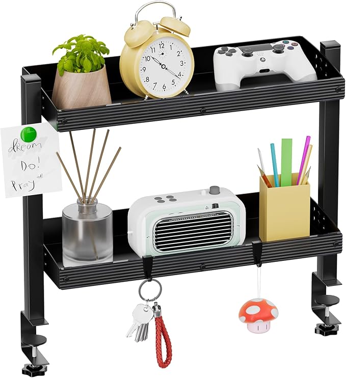 2-Tier Clamp On Desk Shelf, 17 inch Adjustable Desk Organizer with Hooks, Heavy Duty Desk Storage Shelves Holds 44 lbs, No Drill Desktop Shelf for Home Office, Gaming & Desk Accessories