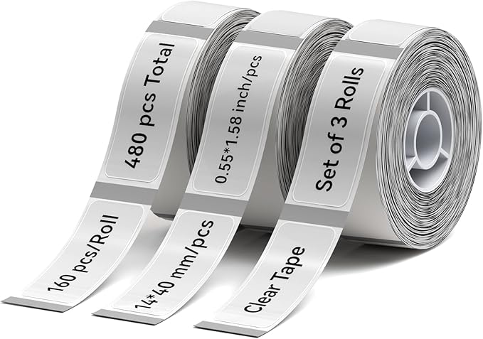 NIIMBOT D11 Label Maker Tape D110 Labels 3Rolls, Self-Adhesive Labeling Tape Replacement 0.55" X 1.57" (14 X 40mm) Thermal Label Refills for Home Office School, 480 Labels/3Rolls, Clear
