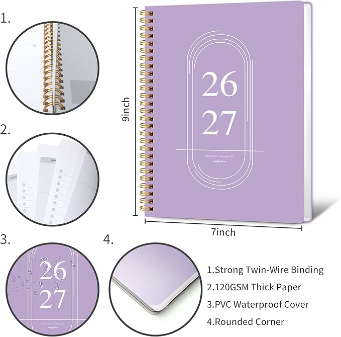 2026-2027 Monthly Planner - 2 Year Monthly Planner 2026-2027, Jan 2026 - Dec 2027, 7" x 9", 2 Year Calendar with 24 Month, Twin-wire Binding, Note Pages, Purple