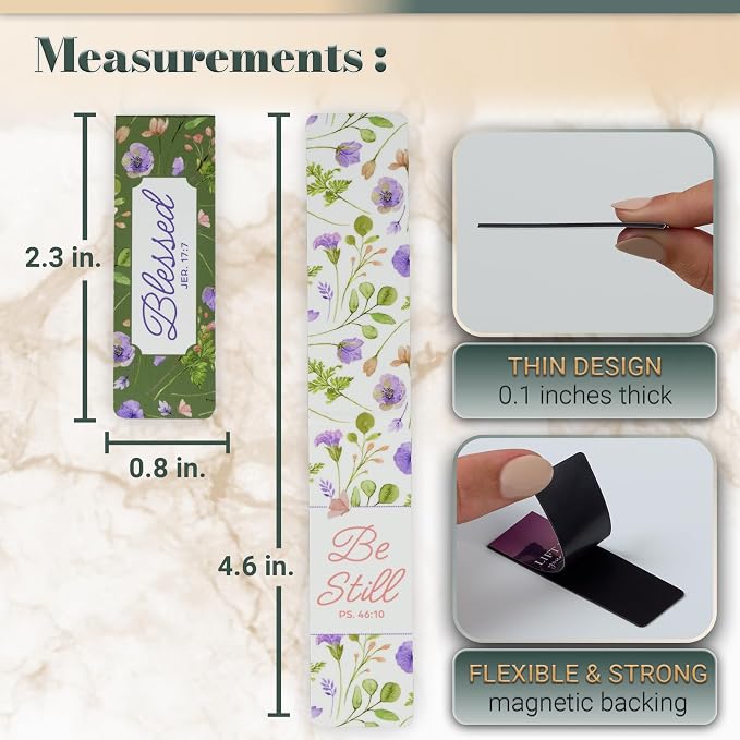 Christian Art Gifts Colorful Inspirational Magnetic Scripture Bookmark Set for Women: Blessed, Inspirational Bible Verses, White, Purple, Green, Pink Floral Theme for Books, Bibles, Papers, Set of 6