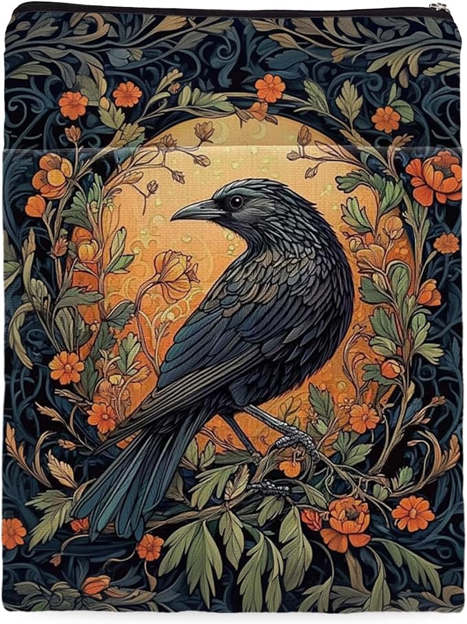Vintage Flower&Raven William Morris Book Sleeve for Book Lovers, Bookish Book Protector with Zipper, Washable Fabric Book Cover for Paperbacks & Hardcovers,11.4 x 9.1Inches (Black-Raven, Medium)