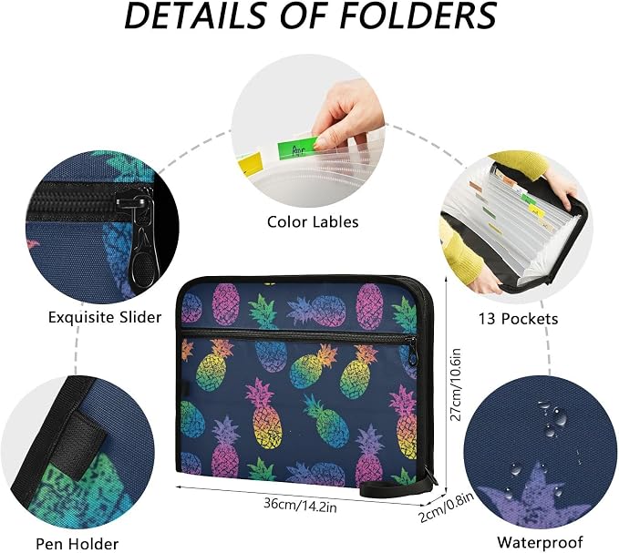 Iridescent Pineapple Accordion File Organizer Expanding Document Folder with 13 Pockets Portable File Folder for A4 Letter Size
