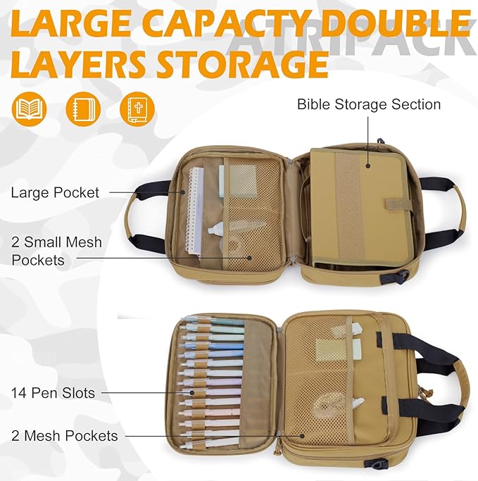 ATRIPACK Tactical Large Bible Cover for Men,Double Layer Bibles Bag With Detachable Book Carrying Case, Covers for Bible Organizer with Zippered Pockets,Church Case with Handle.
