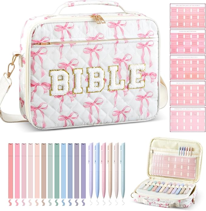 Sinload Quilted Bible Cover Case for Women 12 x 9 x 2.5 Inch Bible Chenille Letter Bag with Shoulder Strap Carrying Tabs 6 Colored Pens 12 Highlighters Christian Church Study Gifts(Pink,Bow Tie)