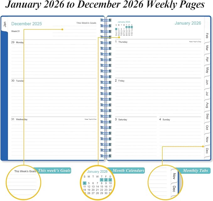 2026 Planner - Planner 2026 from January 2026 - December 2026, Weekly & Monthly Planner Spiral Bound with 12 Monthly Tabs, Inner Pocket, 6.4" x 8.5", Blue-B