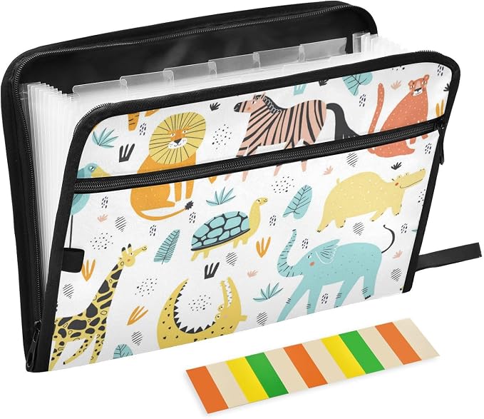 13 Pockets Expanding File Folder Wild African Animals Cute with Sticky Labels Accordion File Folder Document Organizer Letter Size A4 Papers Expandable File Keeper
