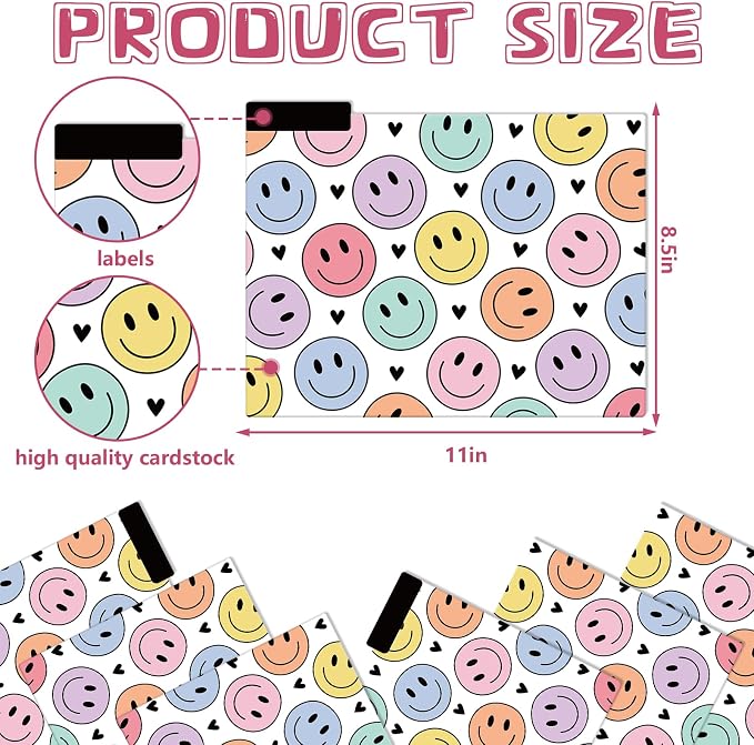 JarThenaAMCS 12 Pcs Boho Happy Face File Folders Letter Size 1/3 Cut Tab Pastel Smile Face Heart Decorative File Pockets for Back to School Filing Cabinet Office Home Classroom Supplies, 8.5 x 11 Inch