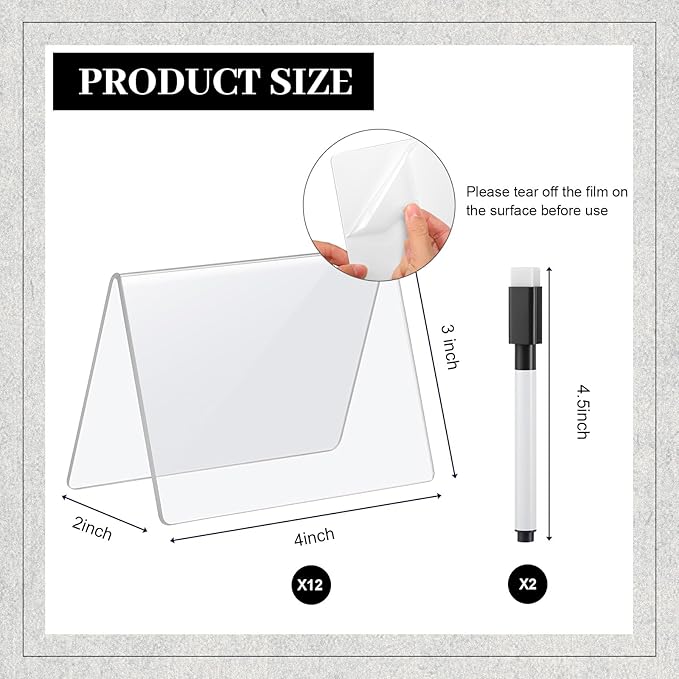 Outus 12 Pcs 4 x 3 Inches Buffet Food Labels Mini Small Chalkboard Signs Clear Acrylic Food Markers Little Price Signs with 2 Pcs Erasable Marker for Wedding Birthday Bakery Table Display