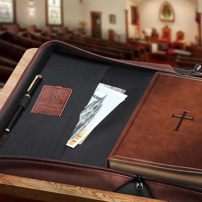 FINPAC Large Classic Bible Cover Vegan Leather Carrying Book Case Church Bag Bible Protective with Handle, Gift for Men, Women, Father, Mother, Friends, Brown