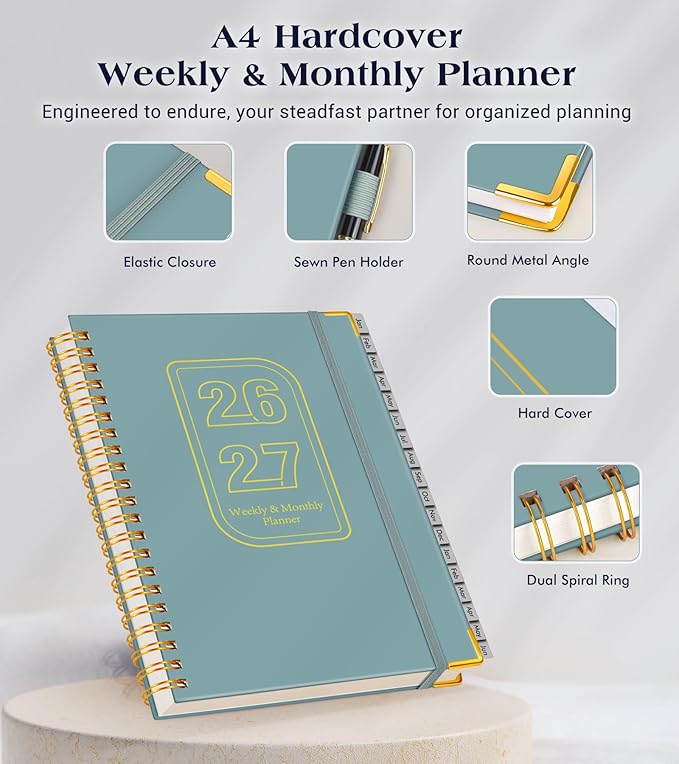 Planner 2026-2027, 18 Months Weekly and Monthly Hardcover Planner, January 2026 - June 2027, 8.5" x 11" A4 Large Daily Calendar Planner Book with Tabs, Spiral Yearly Agenda Organizer Notebook for School Work Home, Blue