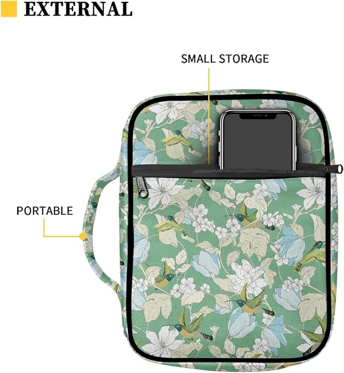 Coldinair Hummingbird Floral Green Bible Cover for Women Teens Girls,Decorative Carrying Book Case Church Bag Bible Protective with Handle and Zippered Pocket