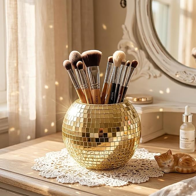 Disco Ball Pencil Holder for Desk - Cute Office Decor & Makeup Brush Organizer, 4.7 Inch Sparkly Glass Pen Cup, Fun Desk Accessories for Women (GOLD)