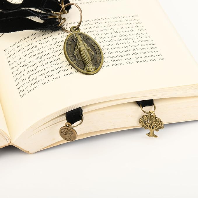 Bookmarks, Bible Bookmark - Black Velvet Bookmarks for Book Lovers with 5 Strings with Tree of Life Lucky Charm Pendant and Mother of God Charm, Christian Saint Book Mark, Ideal Christian Gift