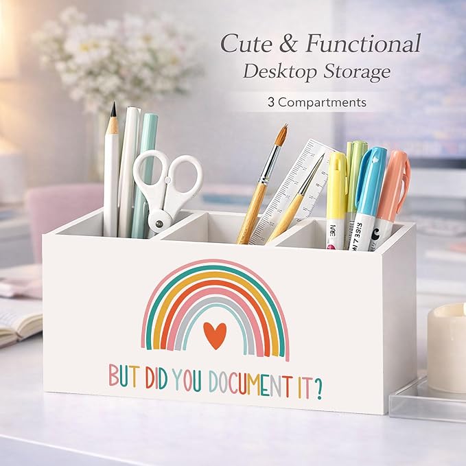 But Did You Document It? Pen Holder, Motivational Desk Organizer, 3 Compartments Wooden Pencil Caddy for Office, Home, Classroom