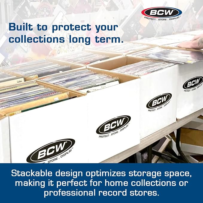 BCW Vinyl Record Storage Boxes – 2 Pack | Holds 65 LPs Each | Stackable Vinyl Record Storage Box with Reinforced Bottom & Handles | Archival Record Organizer for 12-Inch Albums, DJs & Collectors
