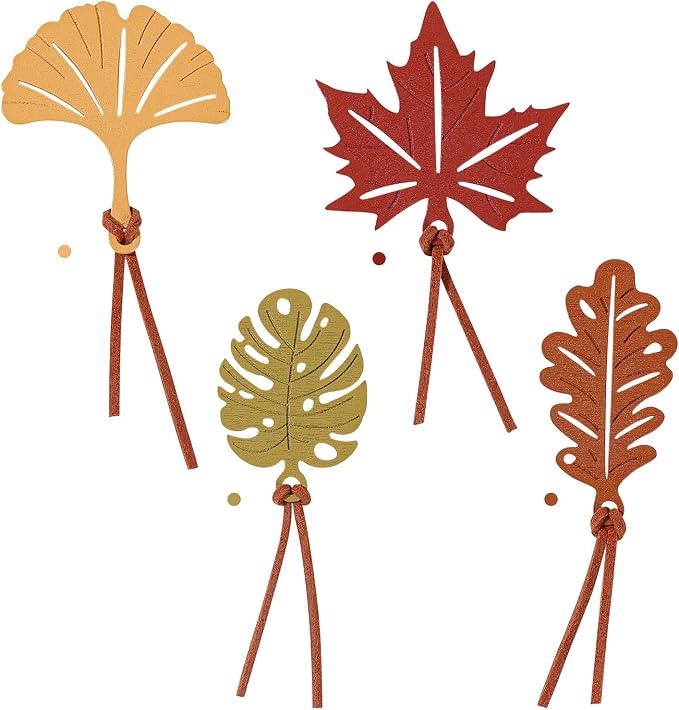 4 Pcs Vintage Wooden Bookmarks Gift Set, Retro Carved Leaf Theme Wood Bookmark with Leather Tassels, Must Have Book Mark Gift Box for Women Girls Readers Book Lovers Writers Teachers Students
