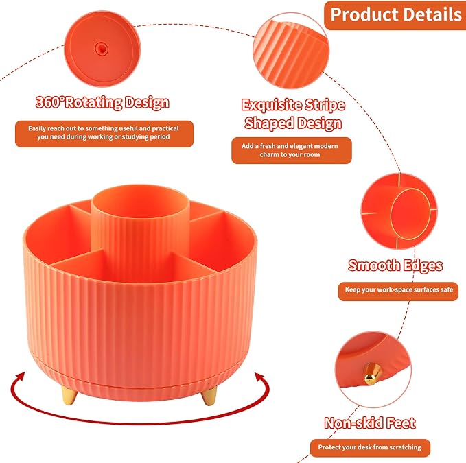 Desk Pencil Pen Holder, 5 Slots 360°Degree Rotating Pen Organizers for Desk, Desktop Storage Stationery Supplies Organizer, Cute Pencil Cup Pot for Office, School, Home, Art Supply, Orange