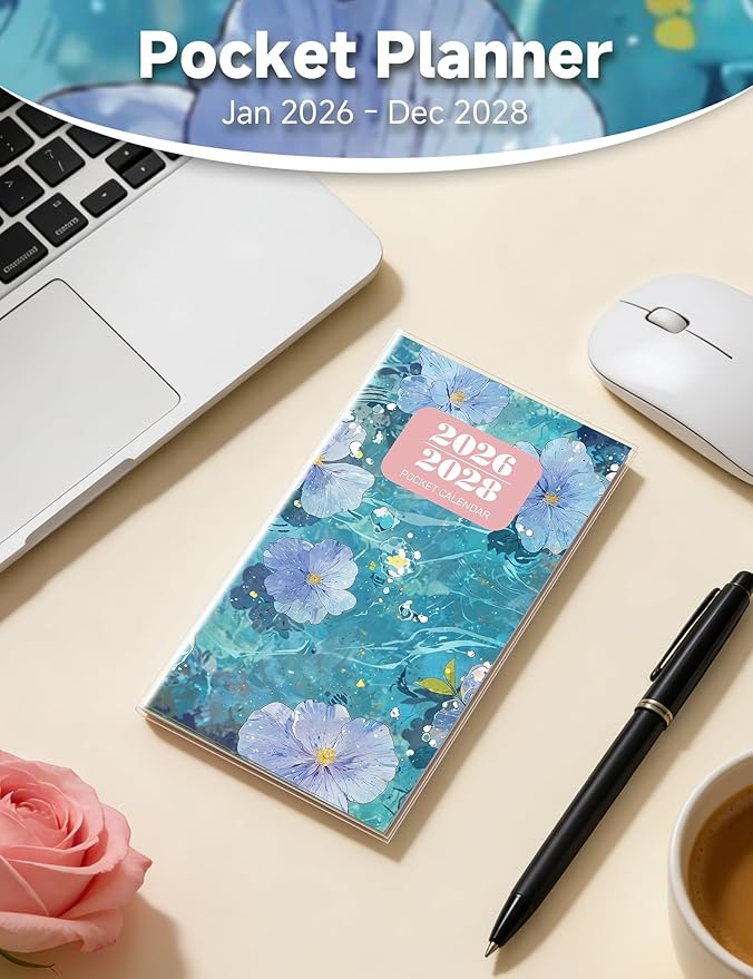 Pocket Calendar 2026-2028 Floral Series, Monthly Planner Jan 2026 to Jul 2028 (3.7" x 6.7") Perfect Purse Calendar, Pocket Agenda with Protective Plastic Sleeve-Blue Floral