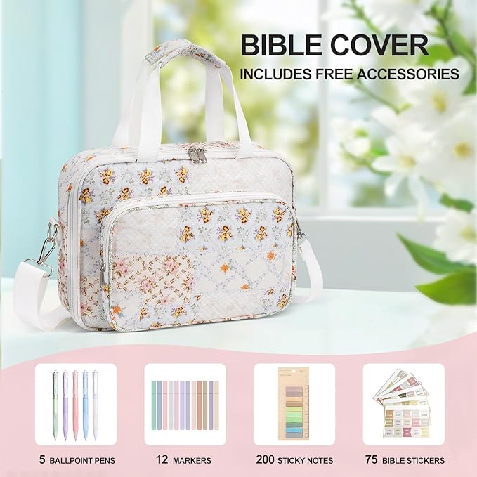 Bible Bag, Bible Cover Case for Women, Quilted Bible Cover with Shoulder Strap, Bible Bags for Women Organizer