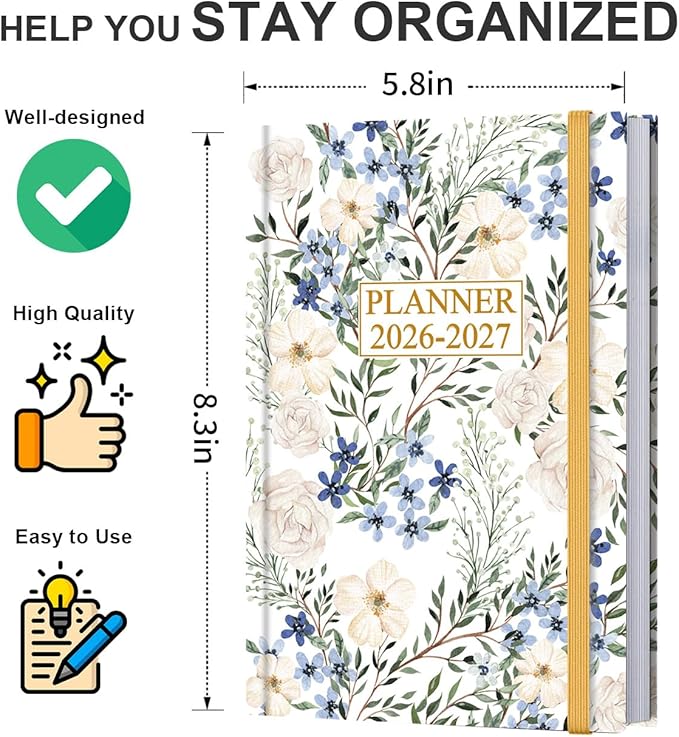 Planner 2026-2027 - 5.8" × 8.3" Weekly & Monthly Planner from July 2026 to June 2027, Large Planners 2026-2027 with Perfect Organizer, Hardcover, Inner Pocket, Crushed Flower
