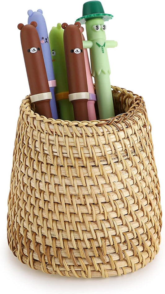 BTSKY Rattan Pen Cup, Handmade Desk Pencil Holders Makeup Brush Holder Multi-Functional Woven Basket Office&Home Desktop Organizer(Cone)