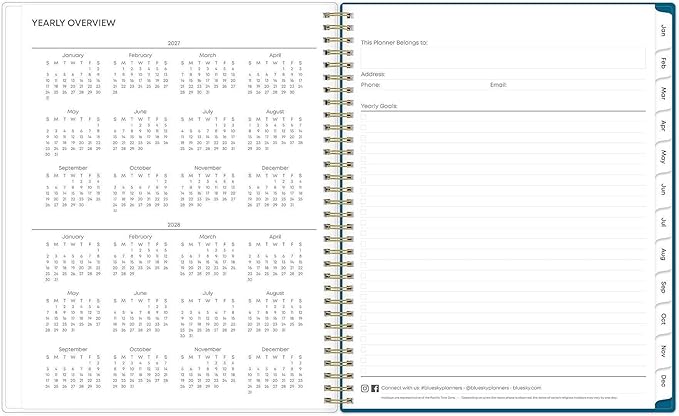 Blue Sky 2027 Weekly and Monthly Planner Calendar, January 2027 - December 2027, 8.5" x 11", Flexible Cover, Laminated Tabs, Durable Twin Wire Binding, Storage Pocket, Bakah Blue