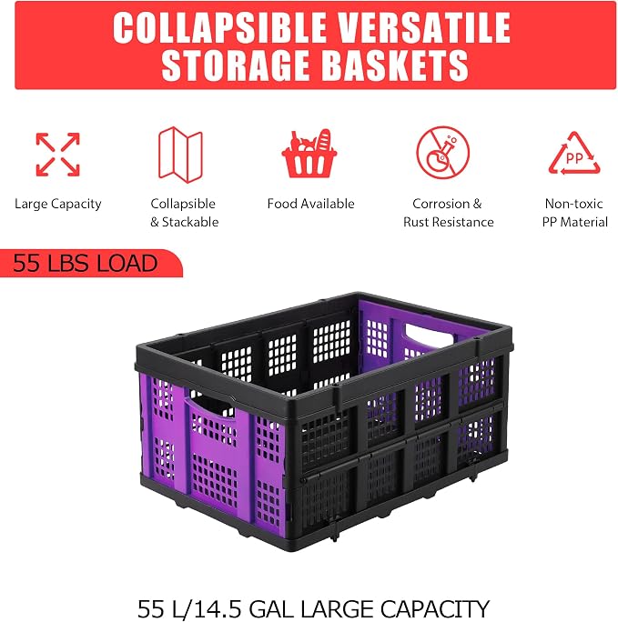 Heavy Duty Collapsible Storage Crate 55L – Stackable Collapsible Plastic Bin with Handles – Multi-Purpose Organizer for Home, Kitchen, Garage, Office, Camping – Extra-Thick Design – Purple
