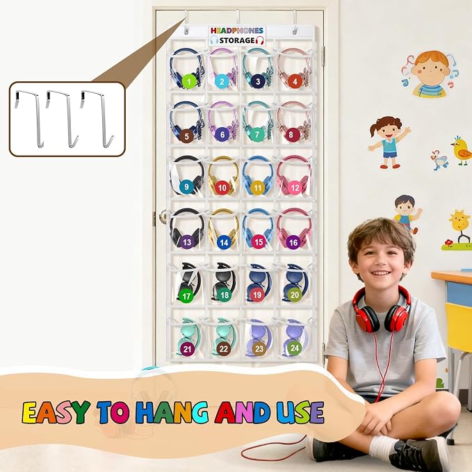 Enlarged Headphone Storage Classroom, 24 Large Pockets PVC Clear Headphone Holder for Classroom,with 3 Kinds of Mounting Accessories and Headphone Storage Stickers & Digital Stickers