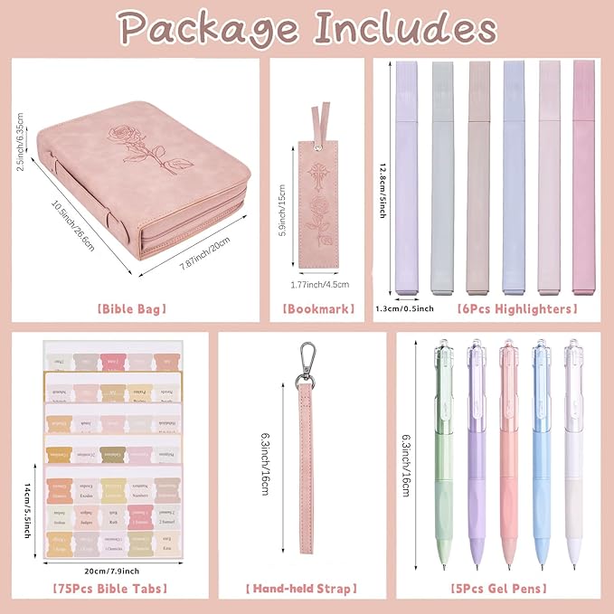 CITYCHASE Elegant Rose Design Bible Cover Case with Bible Study Supplies Highlighters Pens Bookmark Leather Bible Cover Case for Women Gift for Christians(Pink Pro)