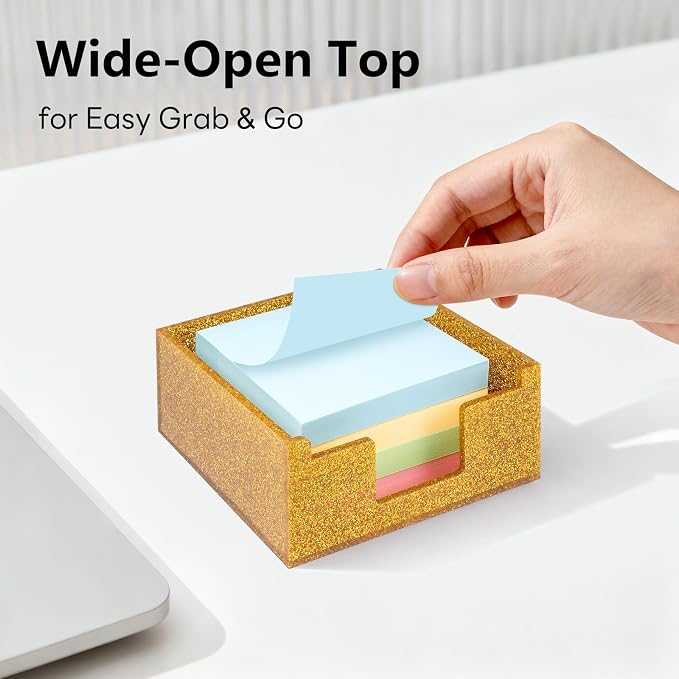 Gold Sparkling Sticky Note Holder, Glitter Acrylic Organizer, 3.94 x 3.94 in Multi-Use Tray for Office, School & Home Desk
