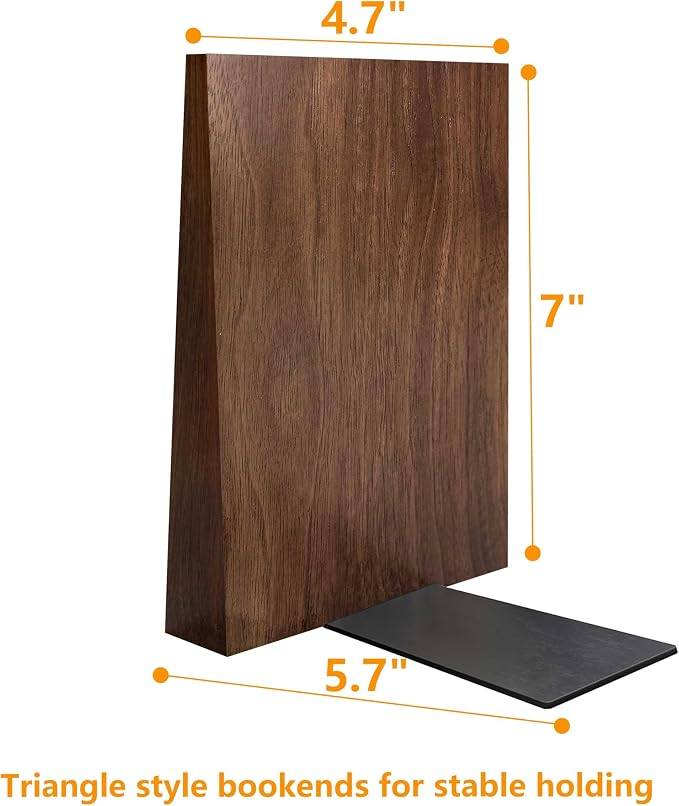 Luxdecor Walnut Book Ends Hold Heavy Books-7x6x5in Wood Bookends for Office Desk Non Skid, Decorative Walnut Bookend 2pack, Triangle Style