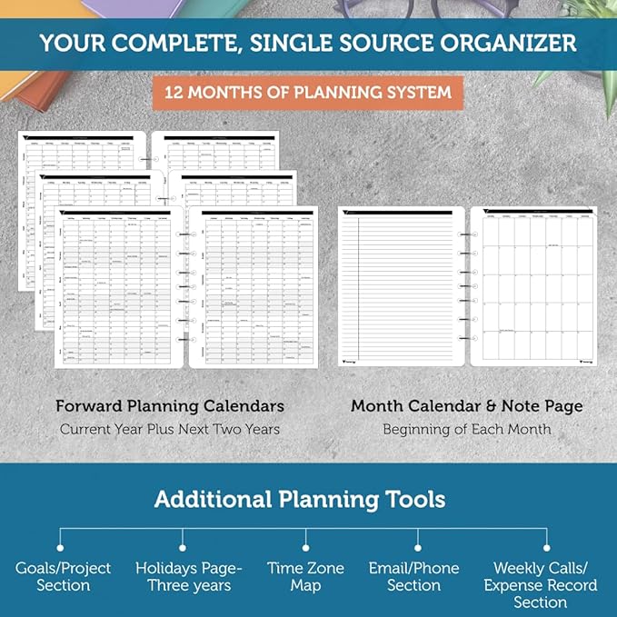 Planner Pad 7 Hole Loose Leaf January-December 2026/ Calendar Year 6 3/4" x 8 1/2" Medium 3-Tier Funnel Down 12 Month Organizer,Black Ink