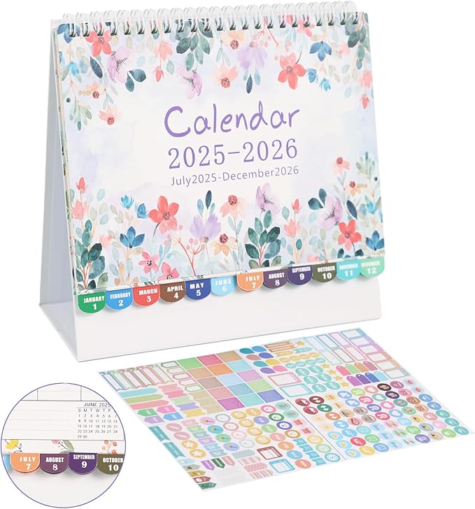 MultiBey Desk Calendar 2025-2026, 18 Months Calendar from July. 2025 to Dec. 2026, 8" x 8" Standing Flip Desk Calendar Floral with Thick Paper, Includes Stickers