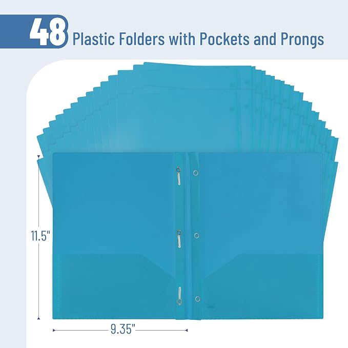 Mr. Pen- Plastic Folders with Pockets and Prongs, 48 Pack, Letter Size, Blue, Flexible Plastic Folders with Prongs and Card Slot