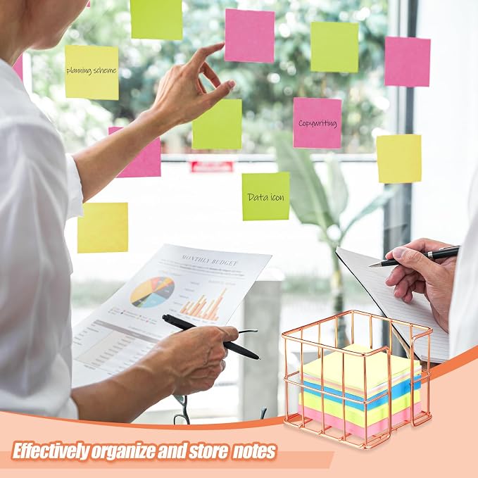 Harloon 2 Pcs Metal Sticky Note Holder 3.8 x 3.8 in Back to School Cute Memo Cube Dispenser Mesh Desk Organizer for Notepads Pens and Pencil Ideal for Classroom Office Supplies Home Storage(Rose Gold)