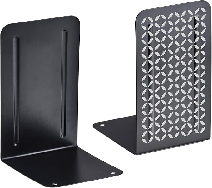 Acrimet Bookends for Shelves, Non-Skid Book Holder, Heavy Duty Steel Metal Book Ends for Home, Library, 6 7/8" H x 4" W x 4 1/2" D (Black Bookends with Silver Design) (1 Pair / 2 Pieces)