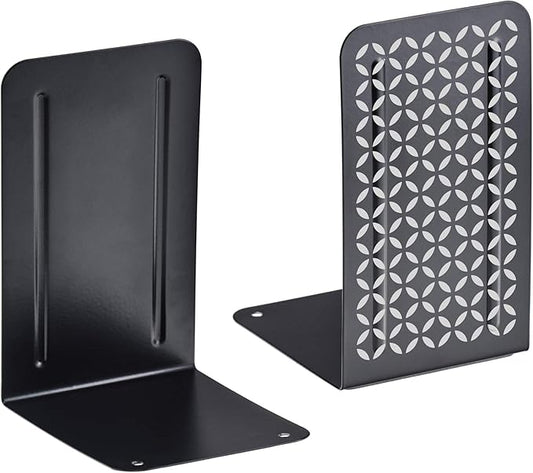 Acrimet Bookends for Shelves, Non-Skid Book Holder, Heavy Duty Steel Metal Book Ends for Home, Library, 6 7/8" H x 4" W x 4 1/2" D (Black Bookends with Silver Design) (1 Pair / 2 Pieces)